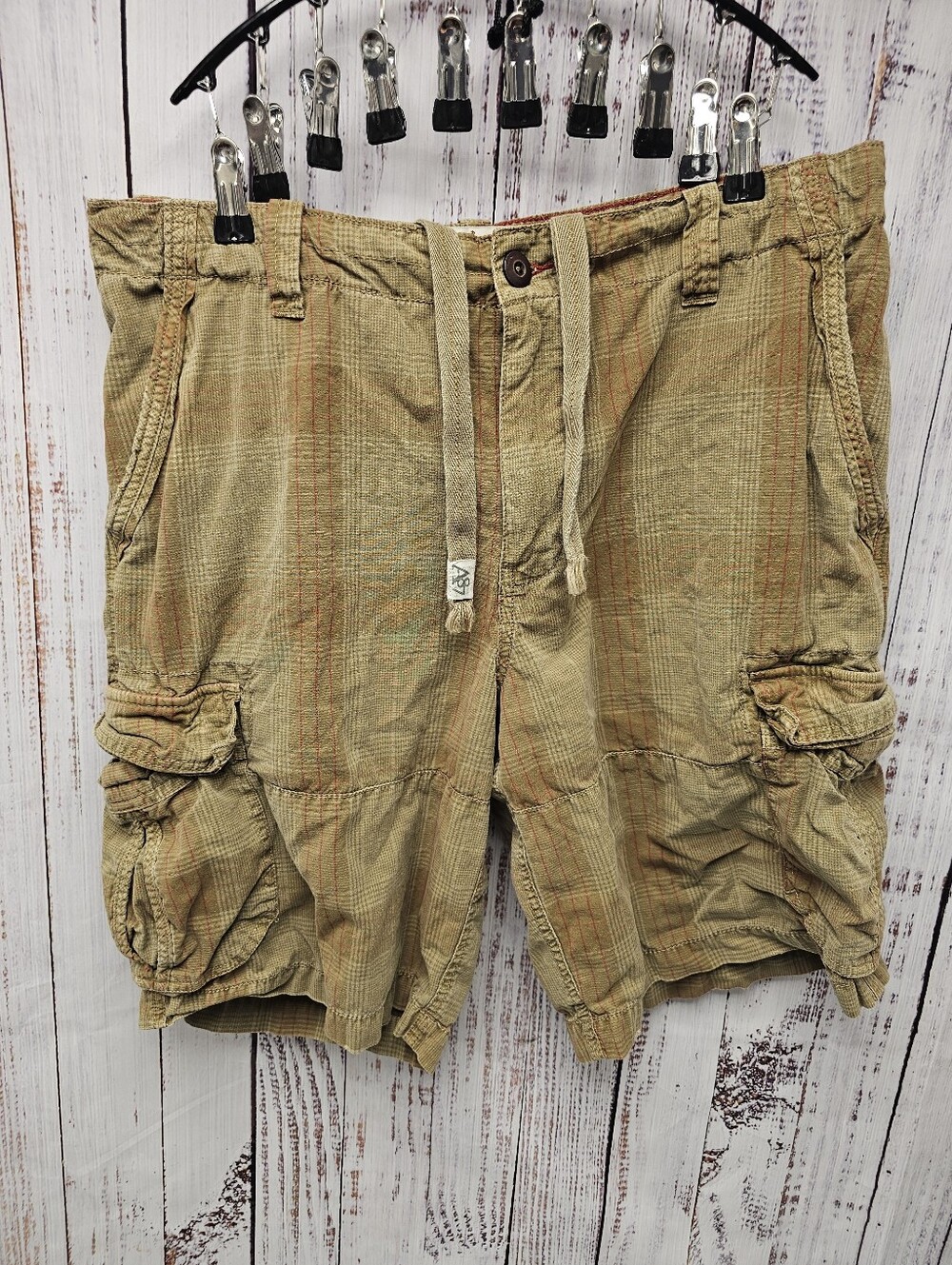 Aeropostale Men's Size 36 Tan Plaid Cargo Shorts Drawstring Waist Y2K Style